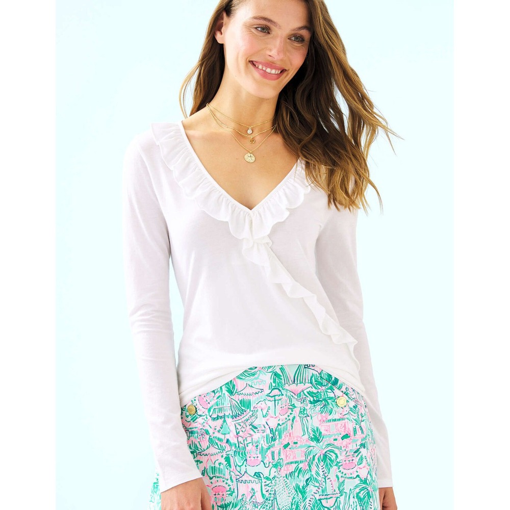 Lilly Pulitzer White Loreda Wrap Ruffle Long Sleeve Blouse - Size S